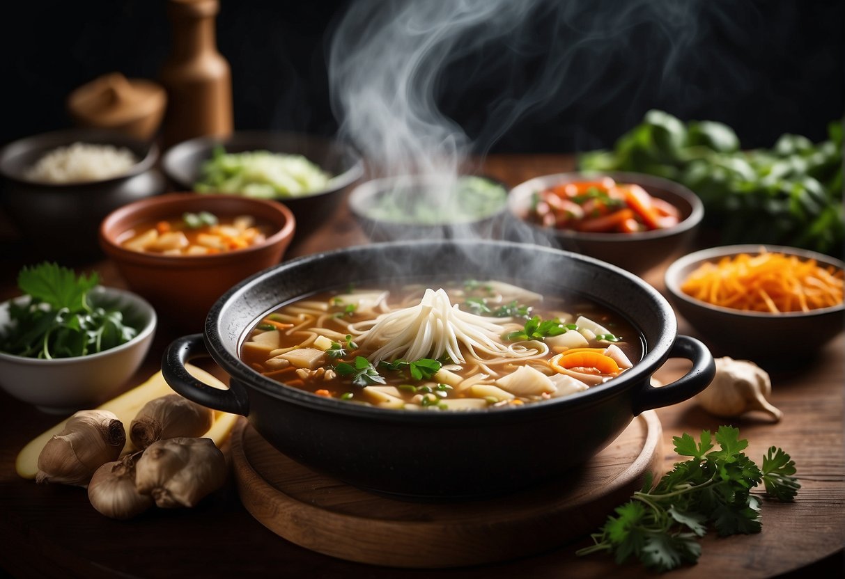 A simmering pot of Chinese hot pot soup base with vibrant, fresh ingredients like ginger, garlic, and Sichuan peppercorns, emanating fragrant steam