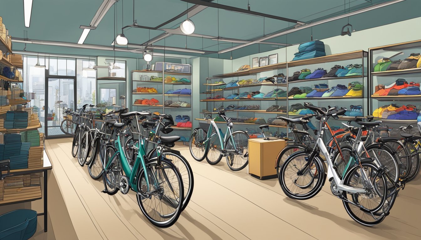 A bustling bicycle shop in Singapore showcases a display of sleek Brompton bikes in various colors and sizes, with knowledgeable staff assisting customers