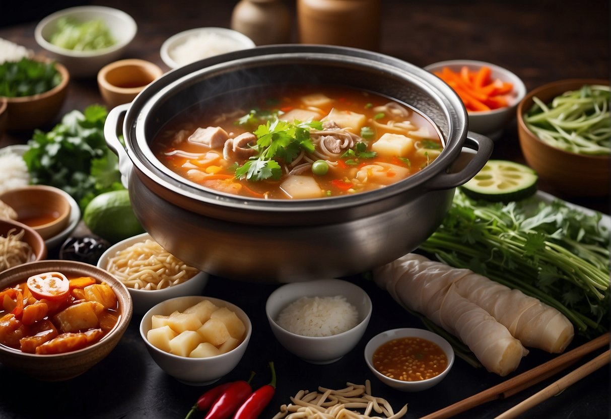 A bubbling pot of aromatic Chinese hot pot soup base surrounded by various ingredients and condiments on a table
