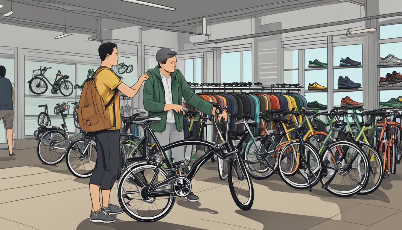 A customer browsing through a display of Brompton bikes at a Singapore bike shop, with a salesperson nearby answering questions