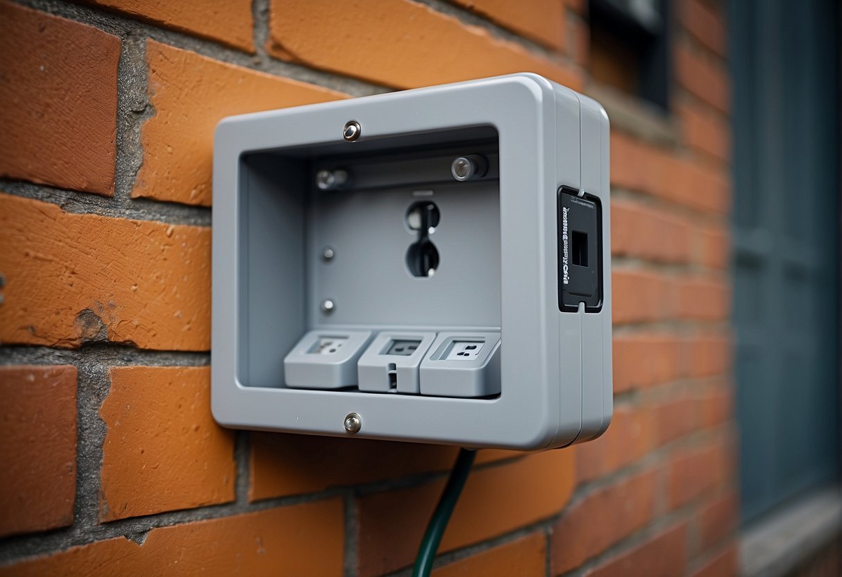 An outdoor electrical outlet is covered by a weatherproof box, shielded from rain with a secure seal