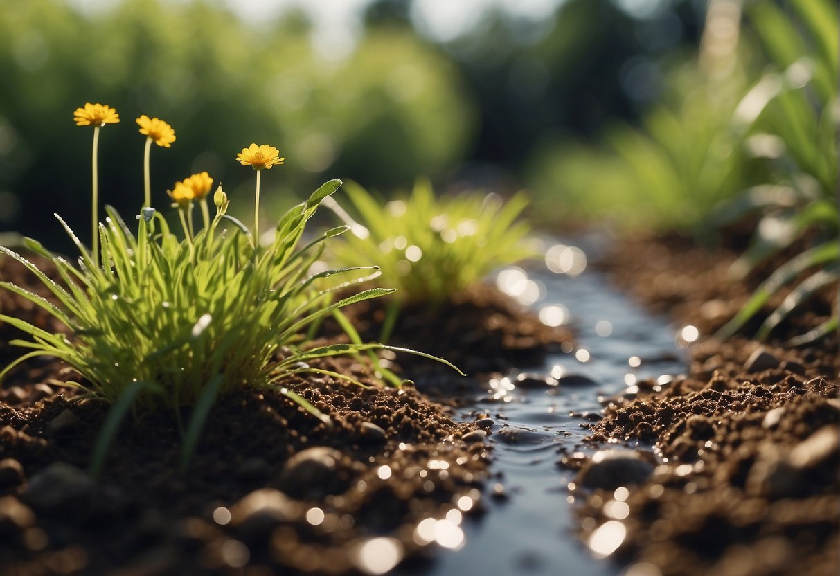 A stream of urine fertilizes a patch of soil, surrounded by healthy, thriving plants