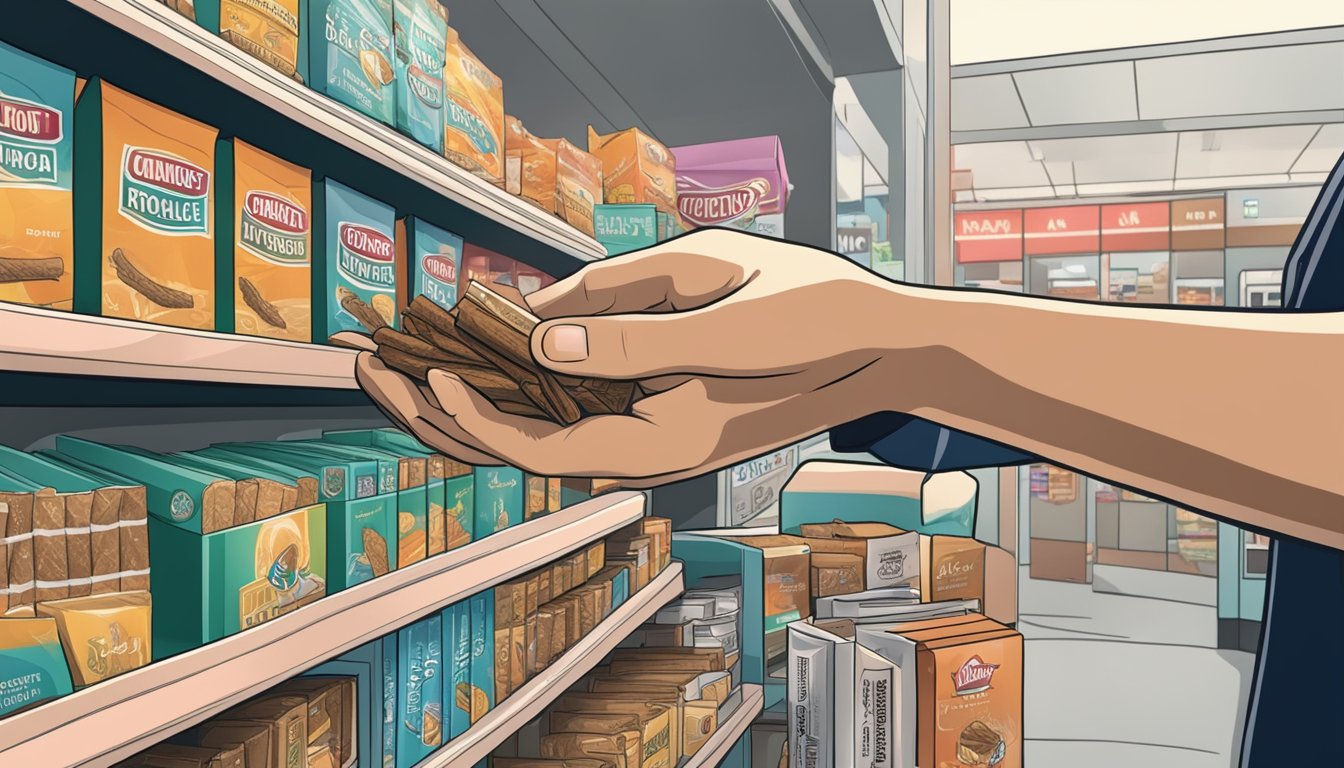 A hand reaches for a pack of rolling tobacco in a Singaporean convenience store