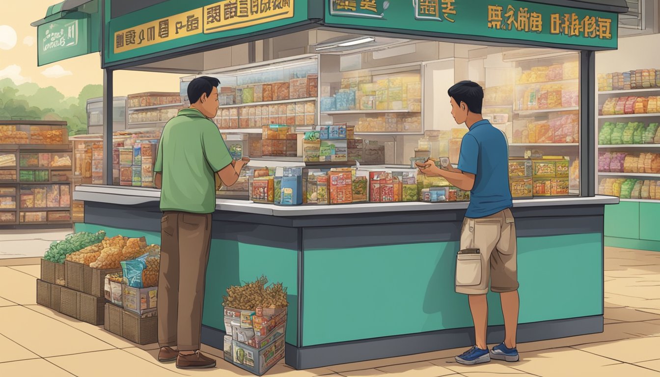 A table with rolling tobacco products displayed, a sign indicating "Rolling Tobacco for Sale," and a customer making a purchase at a convenience store in Singapore