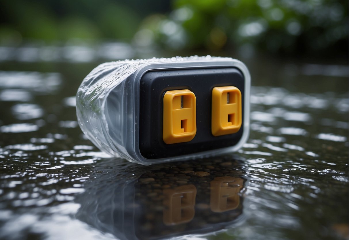 An outdoor plug is shielded from rain by a waterproof cover. The cover is securely fastened, ensuring the plug remains dry and protected