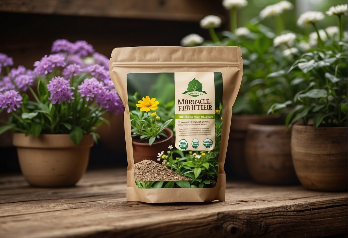 A bag of Miracle-Gro Organic fertilizer sits on a rustic wooden shelf, surrounded by vibrant green plants and blooming flowers