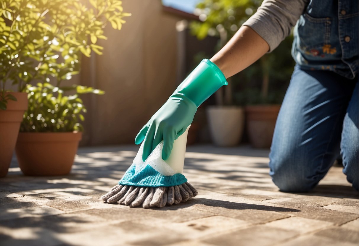 A person wearing gloves and a mask prepares a mildew cleaner, then sprays and scrubs an outdoor rug on a sunny patio