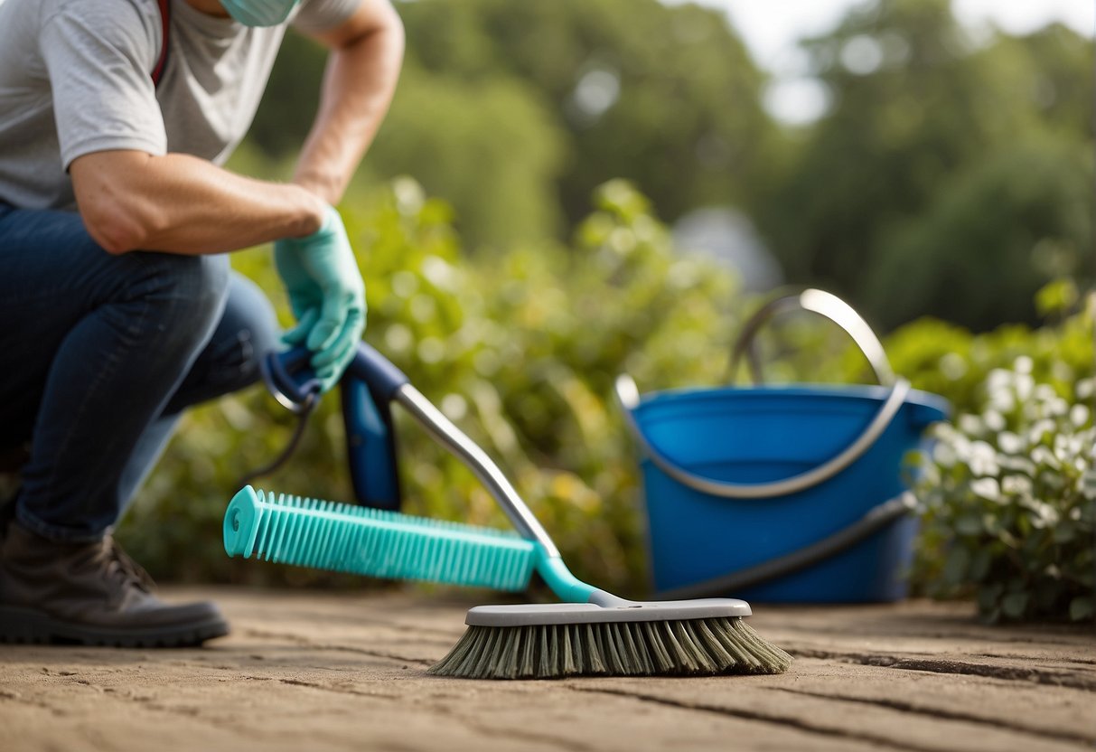 A person gathers a bucket, mildew cleaner, scrub brush, and hose near a dirty outdoor rug. They prepare to clean the rug to remove mildew and dirt