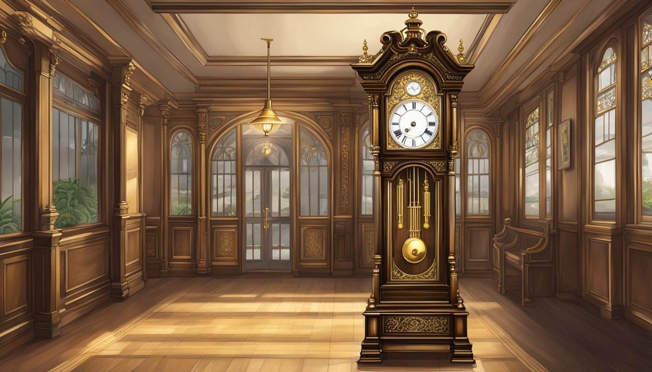 A grandfather clock stands tall in a Singaporean antique shop, its ornate wood and brass details catching the light