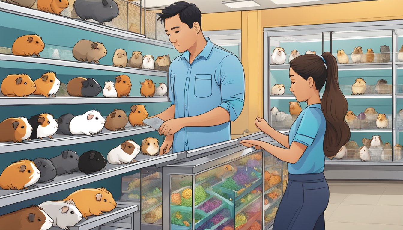 A person selecting a guinea pig from a variety of options at a pet store in Singapore