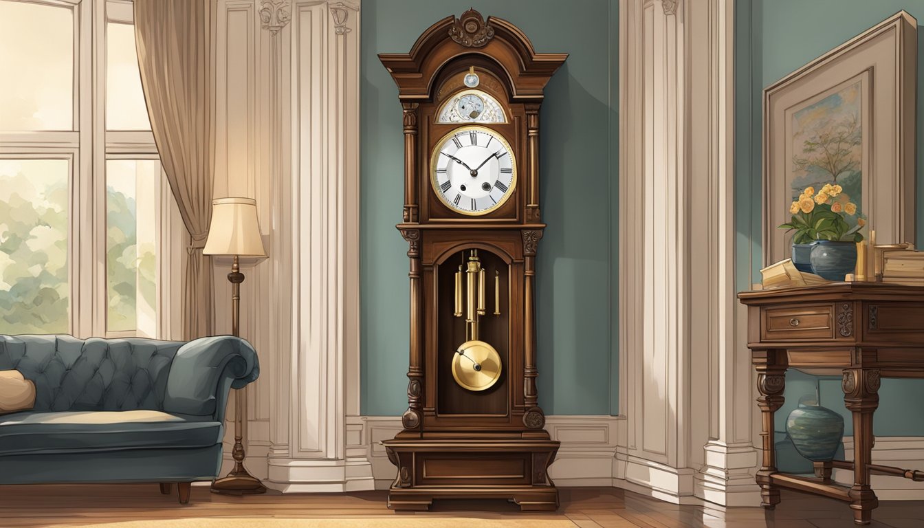 A vintage grandfather clock stands tall in a cozy Singaporean home, its ornate details and rich wood finish adding a touch of elegance to the room