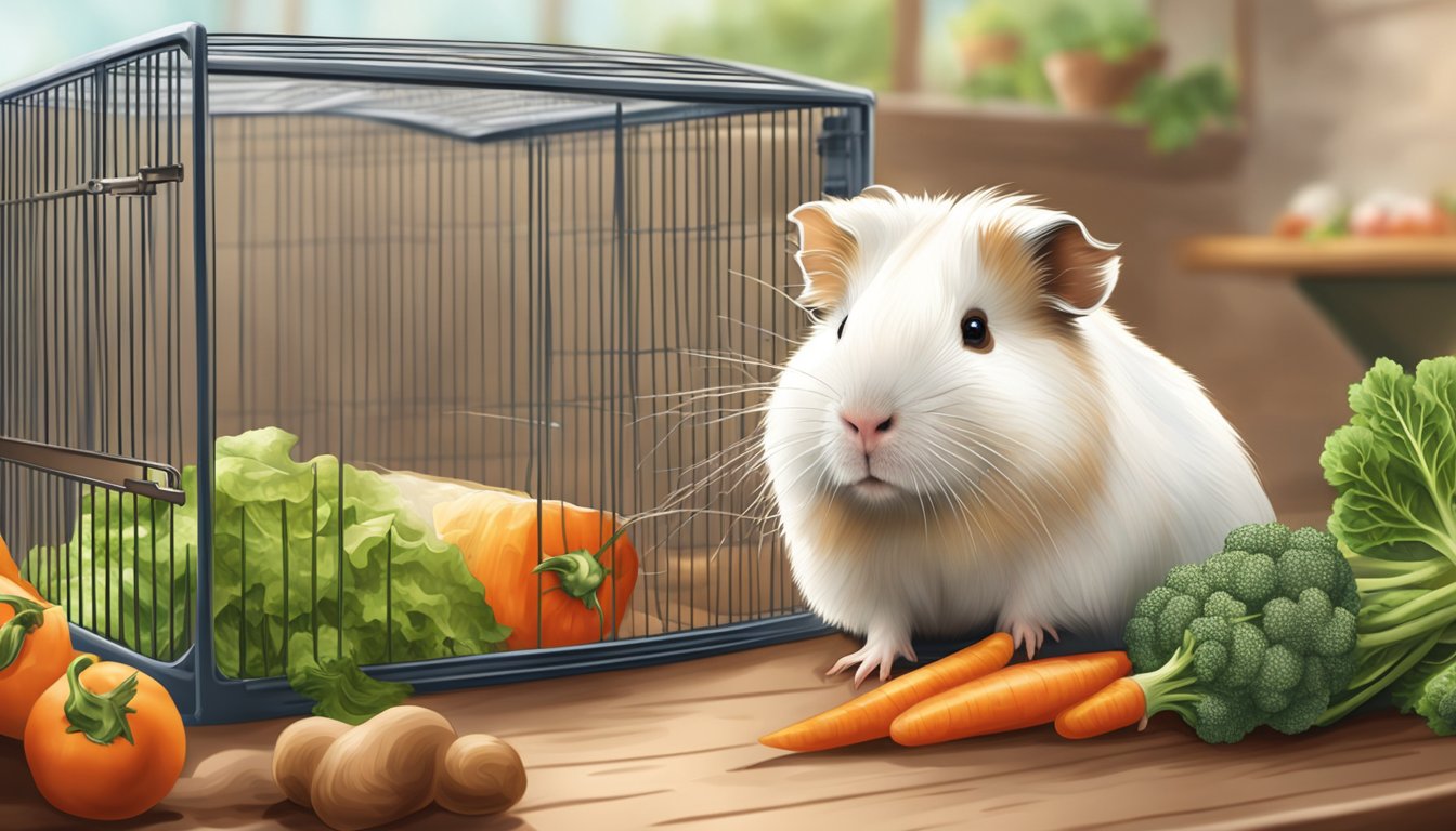 A guinea pig is being gently held and fed fresh vegetables in a clean and spacious cage with a cozy hiding spot