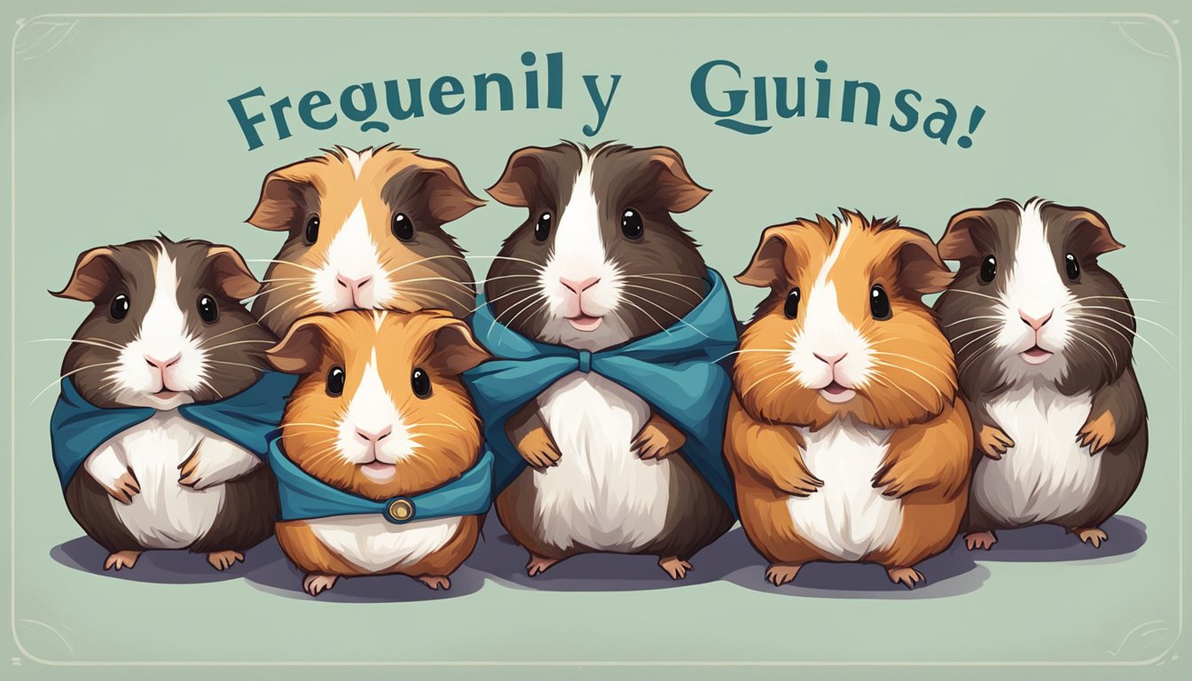 A group of curious guinea pigs gather around a sign that reads "Frequently Asked Questions: buy guinea pig Singapore." Their adorable faces show interest and anticipation