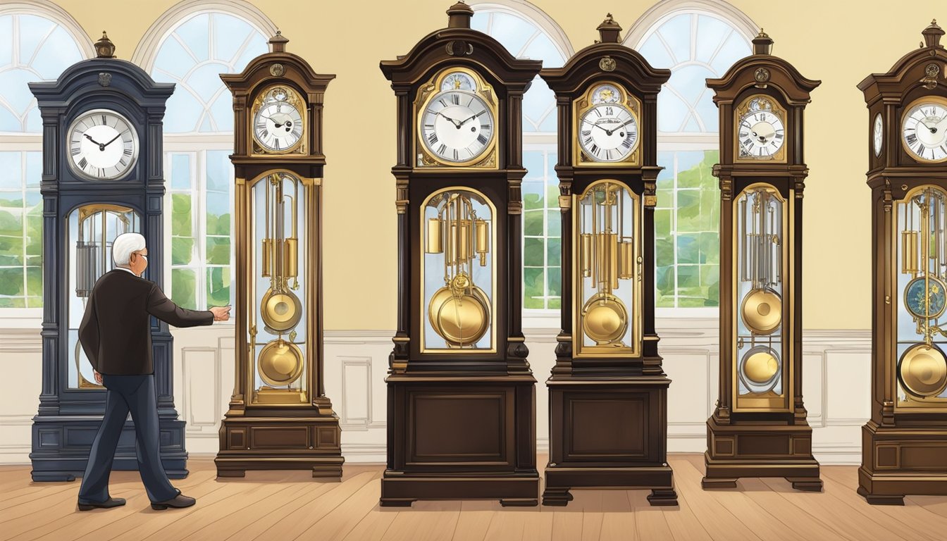 A customer selects a traditional grandfather clock from a variety of options in a well-lit showroom in Singapore