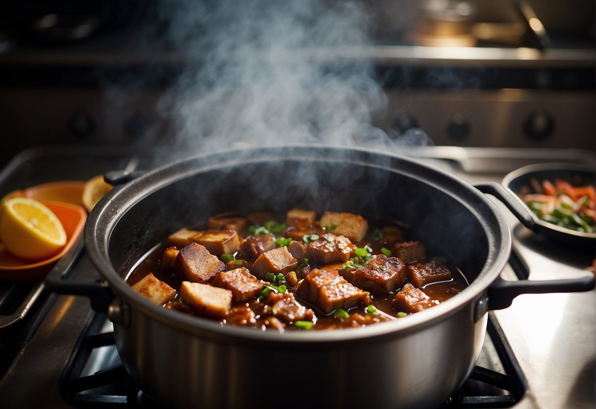 A large pot simmers on a stove, filled with chunks of pork belly, soy sauce, and spices. Steam rises as the rich aroma of Chinese humba fills the kitchen