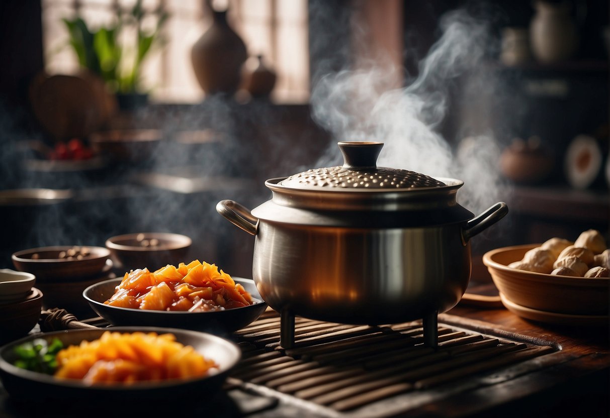 A steaming pot of Chinese humba simmers on a stove, surrounded by traditional Chinese kitchen utensils and ingredients. Its rich aroma fills the air, evoking the cultural significance of this beloved recipe