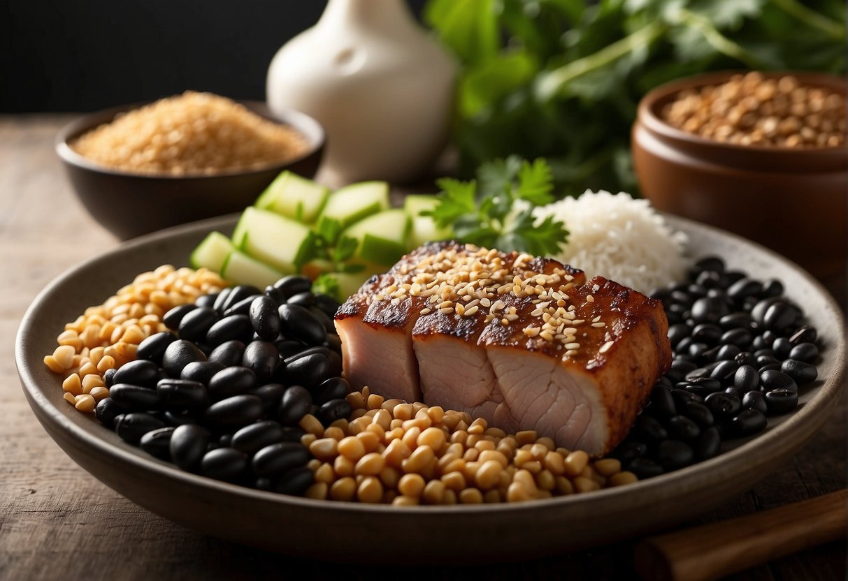 A table with ingredients: pork belly, soy sauce, sugar, garlic, and black beans. Possible substitutes: tofu, tempeh, or seitan for the pork