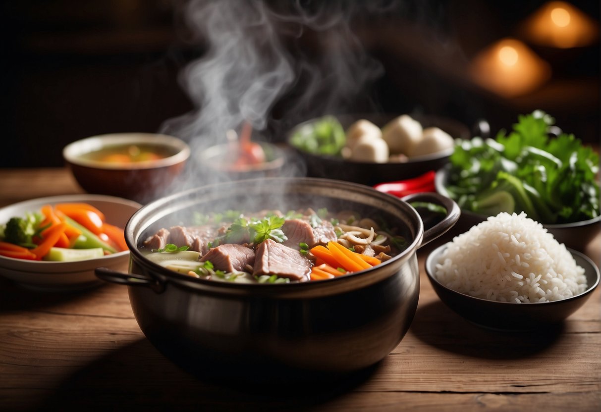 A steaming pot of Chinese humba sits on a rustic wooden table, surrounded by bowls of pickled vegetables and steamed rice. The rich aroma of soy sauce and pork fills the air