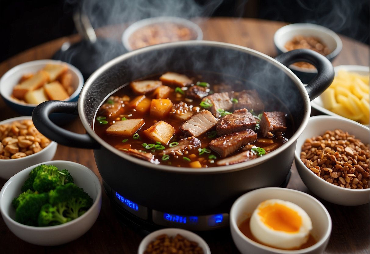 A steaming pot of Chinese humba simmers on a stovetop, surrounded by various ingredients like soy sauce, garlic, and pork belly