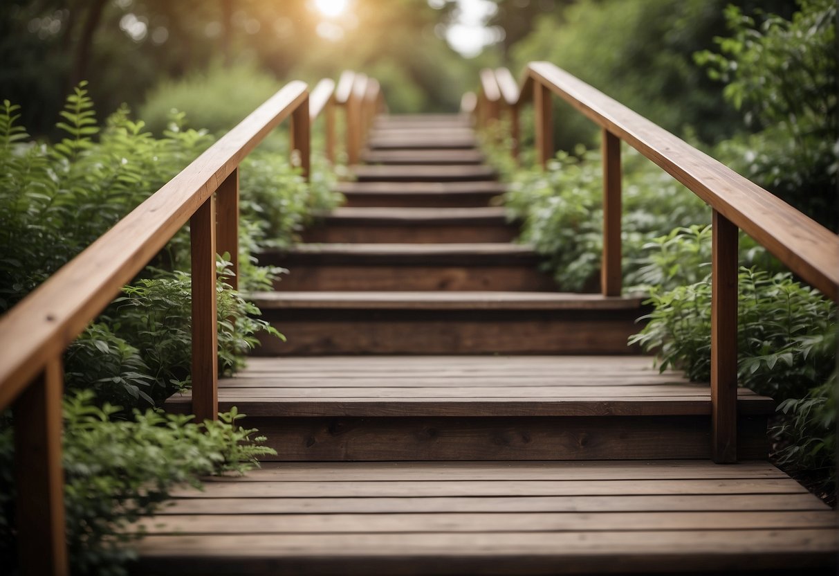 A sturdy wooden ramp slopes gently over the stairs, secured with non-slip surface and handrails for safety