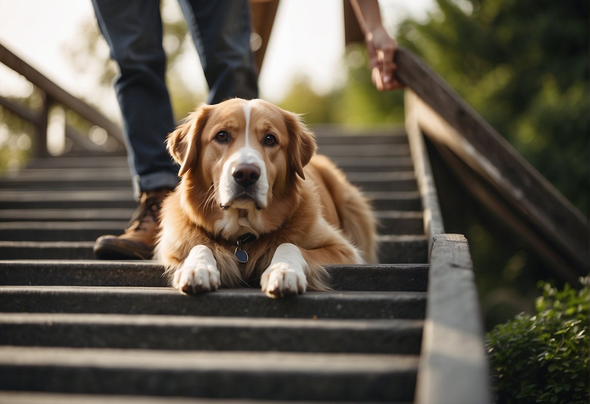 A dog ramp is being constructed over a set of outdoor stairs, with the finishing touches being added to ensure a safe and sturdy structure