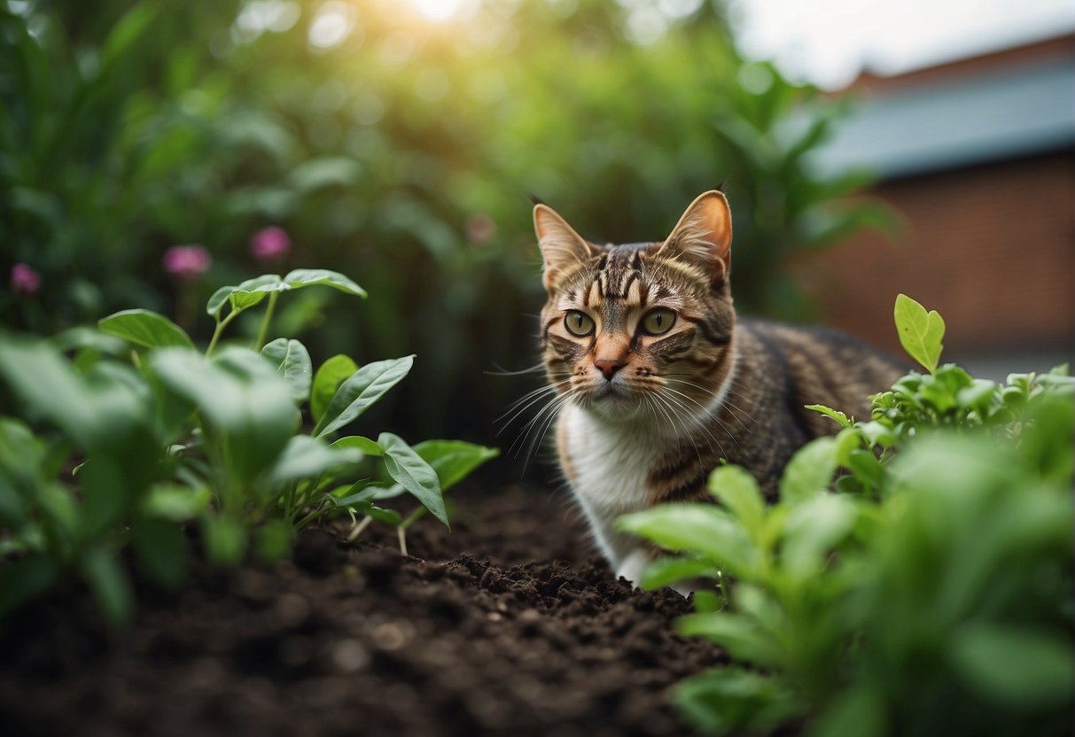 Cat poop sits in a garden, surrounded by vibrant green plants. The soil looks rich and healthy, with small insects crawling around