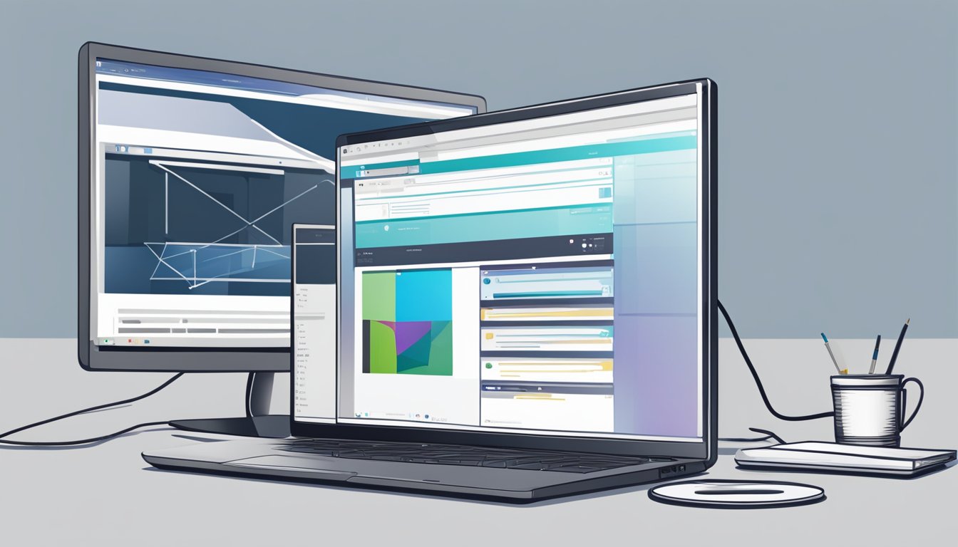 A computer monitor and a laptop sit on a desk, connected by an HDMI cable. The laptop is open and displaying a webpage for buying an HDMI cable online