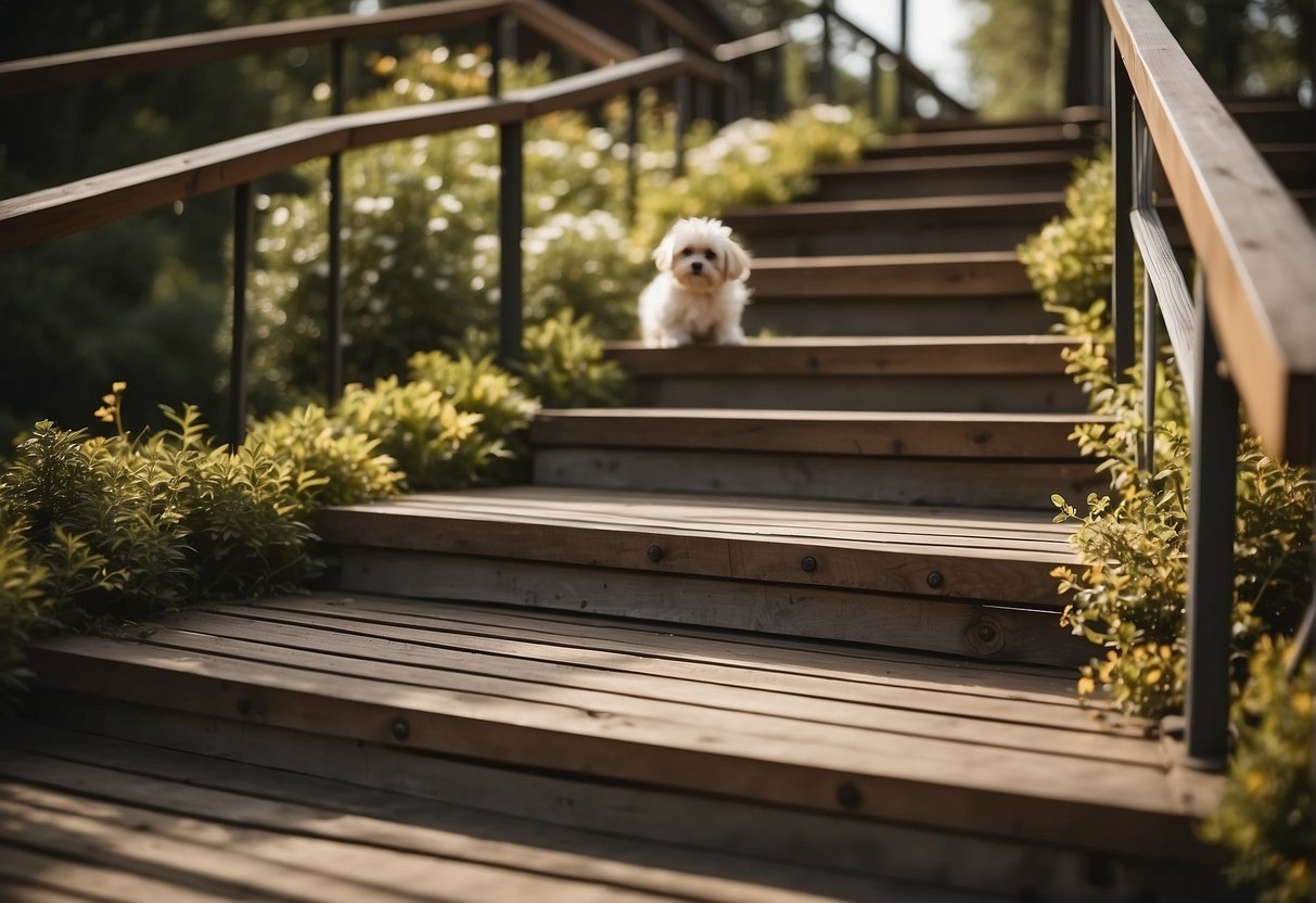 A sturdy wooden ramp slopes down from a set of outdoor stairs, secured with bolts and railings. The surface is textured for traction, and the ramp is wide enough for a dog to comfortably navigate