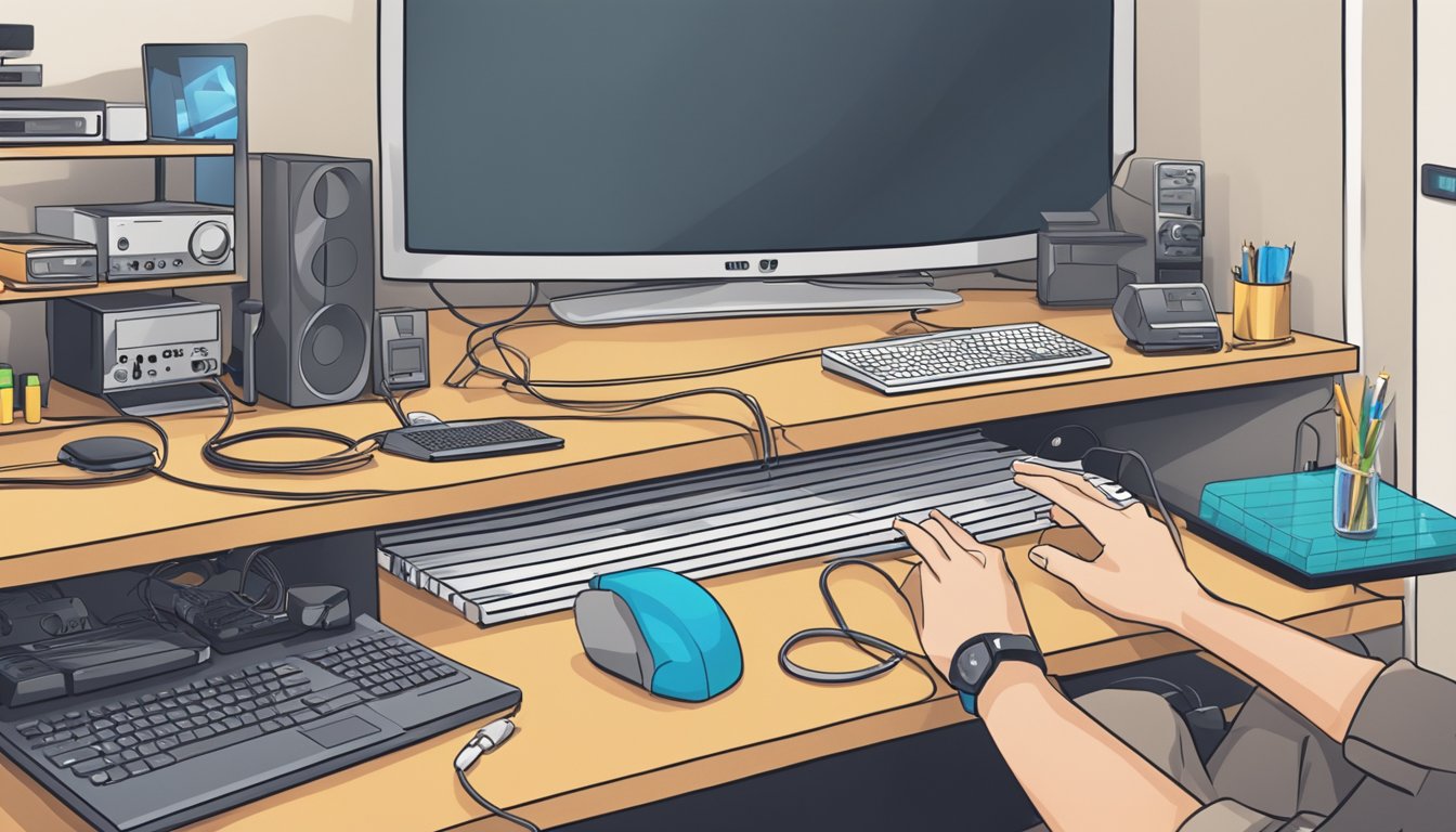 A hand reaches for a coiled HDMI cable on a shelf, surrounded by various electronic devices and accessories. A computer monitor and TV are visible in the background