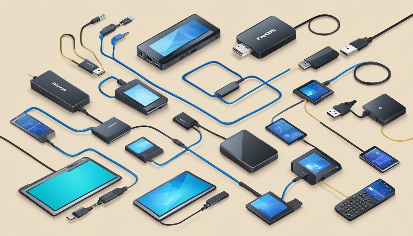 Various electronic devices connected by HDMI cables, showing compatibility and connectivity solutions