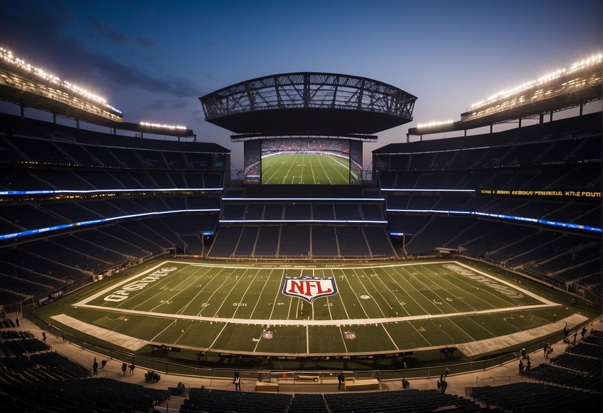 A list of NFL teams with outdoor stadiums is displayed on a large screen, with each team's logo and stadium name clearly visible