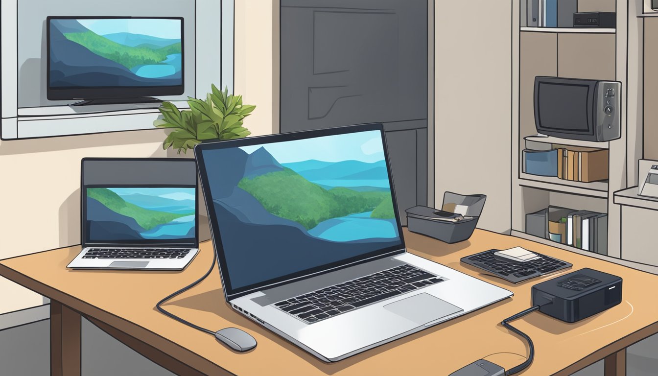A laptop, TV, and HDMI cable arranged on a table with a laptop screen displaying "Frequently Asked Questions buy hdmi cable online"