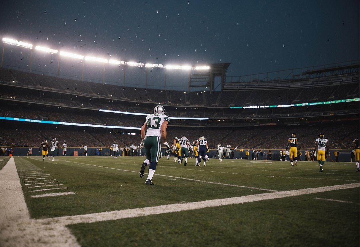 The rain pours down on the open-air NFL stadium as players struggle to keep their footing on the slick field. Wind gusts whip across the field, affecting the trajectory of passes and kicks