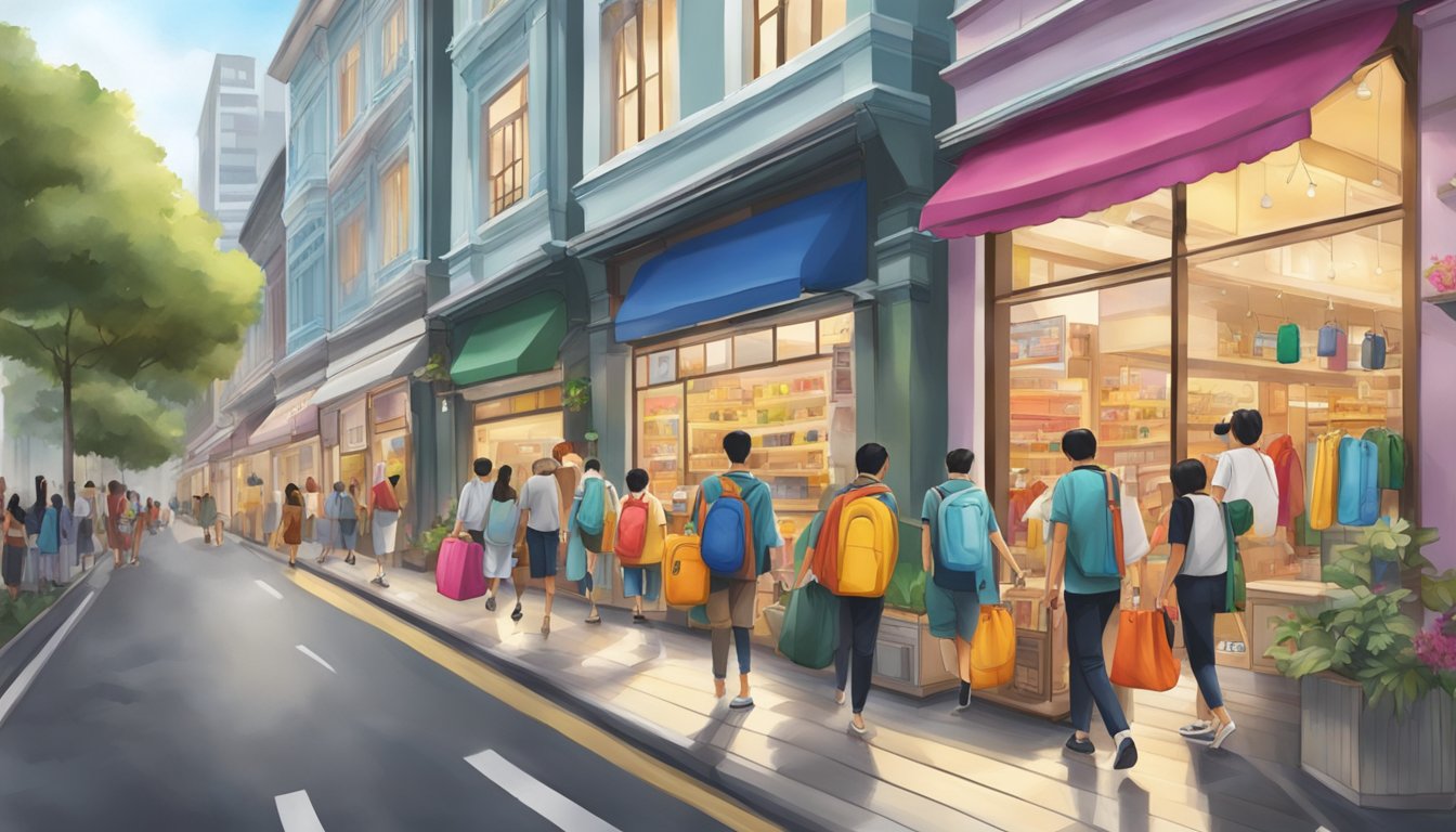 A bustling street in Singapore, with colorful storefronts and a prominent display of Kanken bags in a trendy shop window