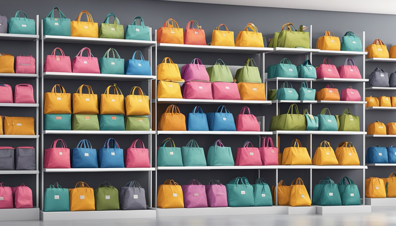 A display of colorful Kånken bags arranged on shelves in a modern retail store in Singapore