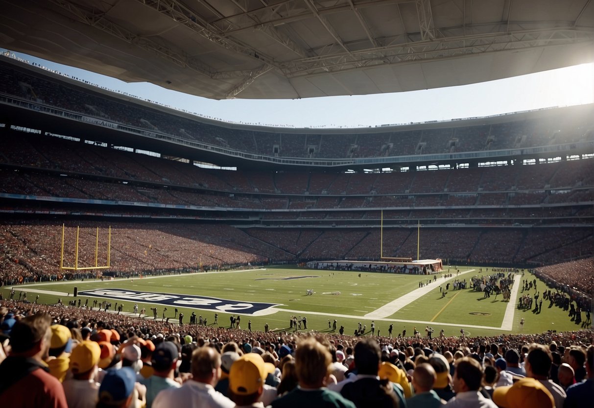 A packed NFL stadium with fans cheering, flags waving, and players on the field