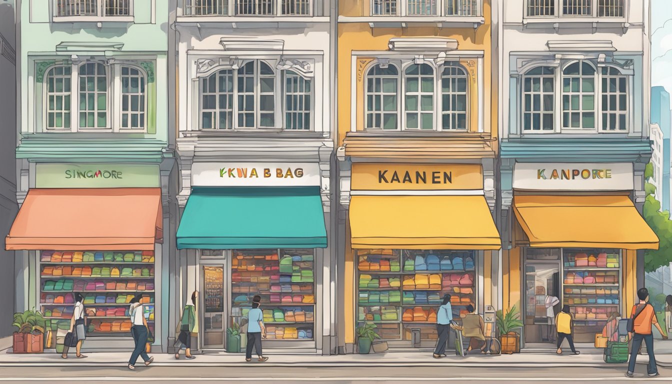 A bustling street in Singapore, with a row of shops displaying colorful Kånken bags in their windows. A prominent sign reads "Where to buy Kånken bag in Singapore" in bold letters
