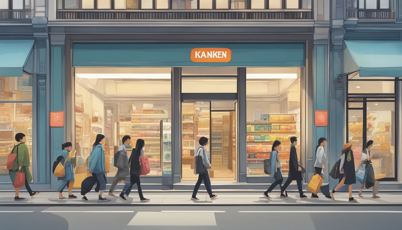A bustling city street with a prominent store front displaying "Kanken bags for sale" in Singapore. Pedestrians are seen browsing and entering the store