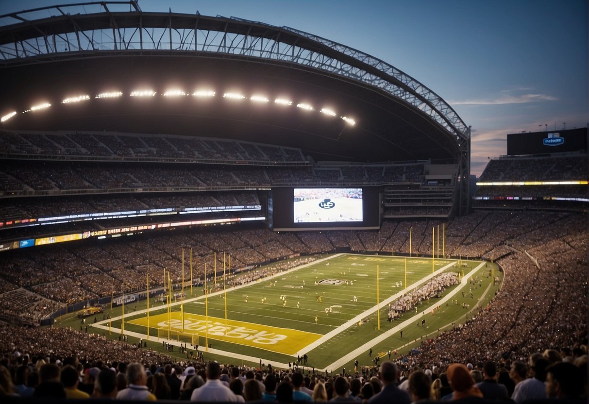 A packed NFL stadium with fans cheering as players compete on the field. The surrounding area bustling with vendors and businesses benefiting from the economic impact of the stadium