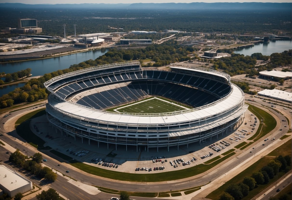 Aerial view of NFL stadiums, some with retractable roofs, others with open-air designs. Surrounding areas include parking lots and tailgating spaces