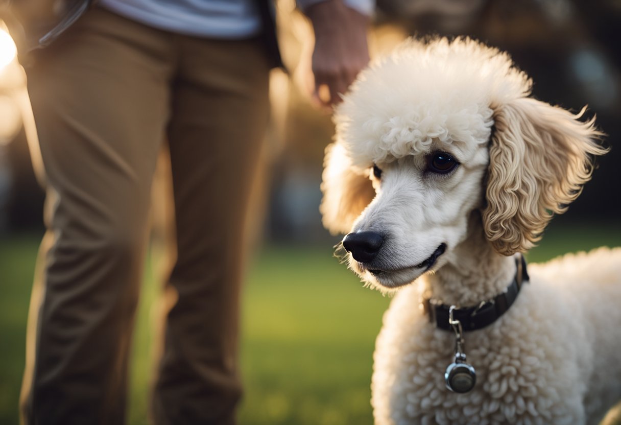 A poodle nuzzles against its owner's leg, wagging its tail and gazing up with adoring eyes
