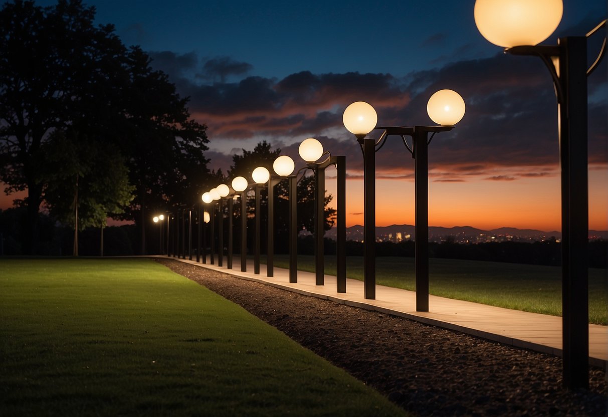 An outdoor area with various types of dusk to dawn lights, including wall-mounted, post lights, and floodlights, illuminating the surroundings as the sun sets and transitions into night