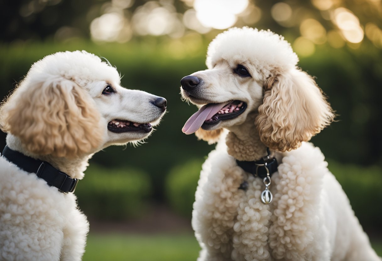 Two poodles nuzzle each other, tails wagging and tongues lolling in a display of affection. One poodle gazes lovingly into the other's eyes, while the other responds with gentle licks and playful jumps