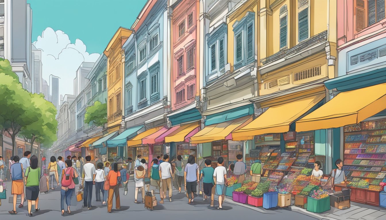 A bustling street in Singapore, with colorful storefronts displaying a variety of keyboards. Customers browse through the selection, while vendors eagerly showcase the latest models