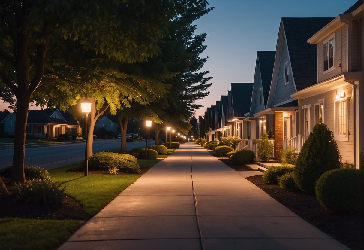 A peaceful suburban street at night, illuminated by soft, warm dusk to dawn lighting. The gentle glow highlights the architecture and landscaping, creating a safe and inviting atmosphere