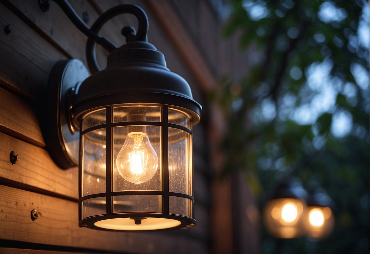 The outdoor light fixture turns on at dusk and off at dawn, using a built-in sensor to detect changes in natural light