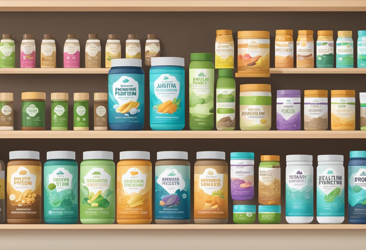 A variety of vegan protein powders displayed on a shelf with colorful packaging and labels promoting health benefits