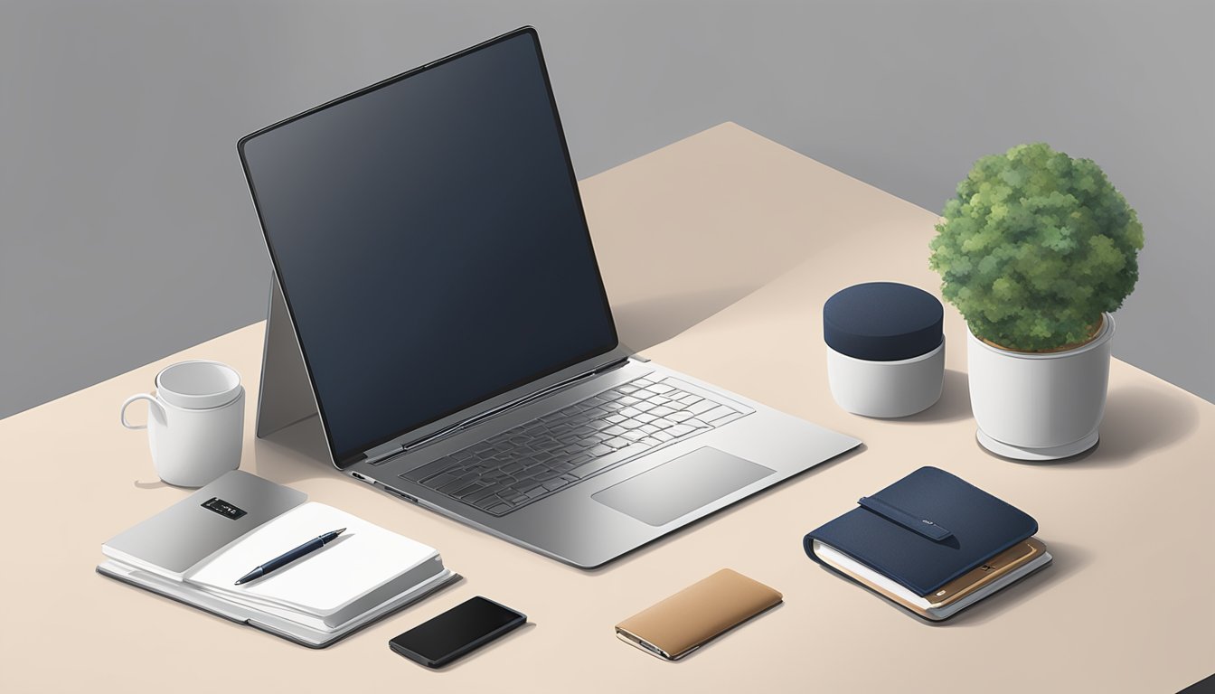 A laptop, notebook, and pen sit on a sleek desk next to a stylish bag. The bag is showcased on a clean, modern website with the words "Discover the Perfect Bag buy bags online" displayed prominently