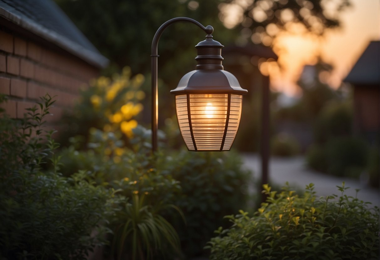 A backyard with a wall-mounted dusk to dawn outdoor light illuminating a patio and garden as the sun sets, casting a warm glow over the area