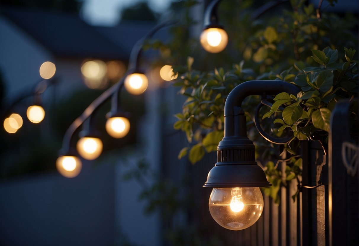 A suburban street with dusk to dawn outdoor lighting, showcasing energy-efficient and sustainable technology. The soft glow of the lights illuminates the surroundings, while solar panels are visible on nearby rooftops